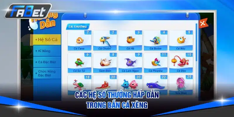 Các hệ số thưởng phổ biến trong bắn cá xèng